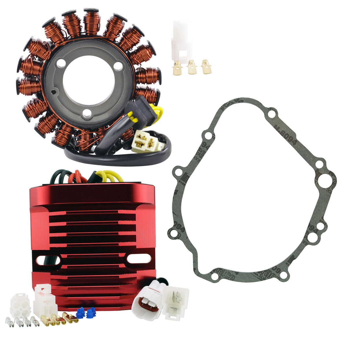 Kit Stator + CNC Red Machined Aluminum Mosfet Regulator + Gasket for GSXR 600 / 750 2006-2009 2011-2019 | # 31401-01H00