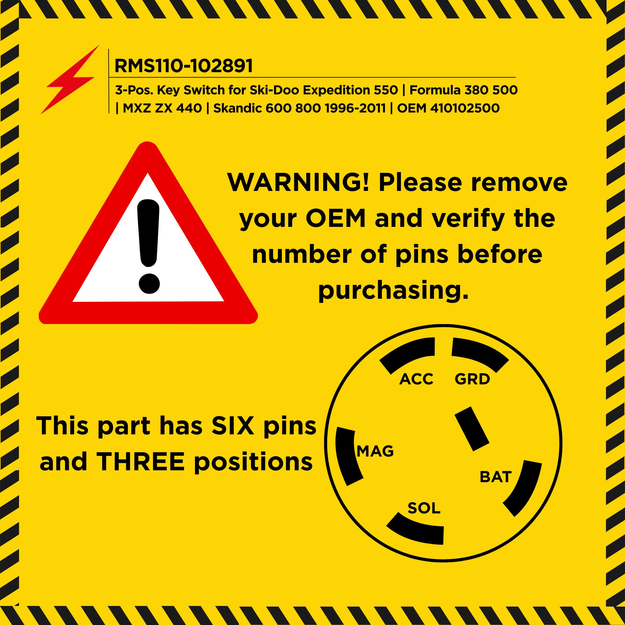 3-Position 6-Pin Ignition Key Switch for Ski-Doo Mini Z 120 2002-2008 | Skandic 550 2004-2011 / 600 WT 2001-2007 | 410102500