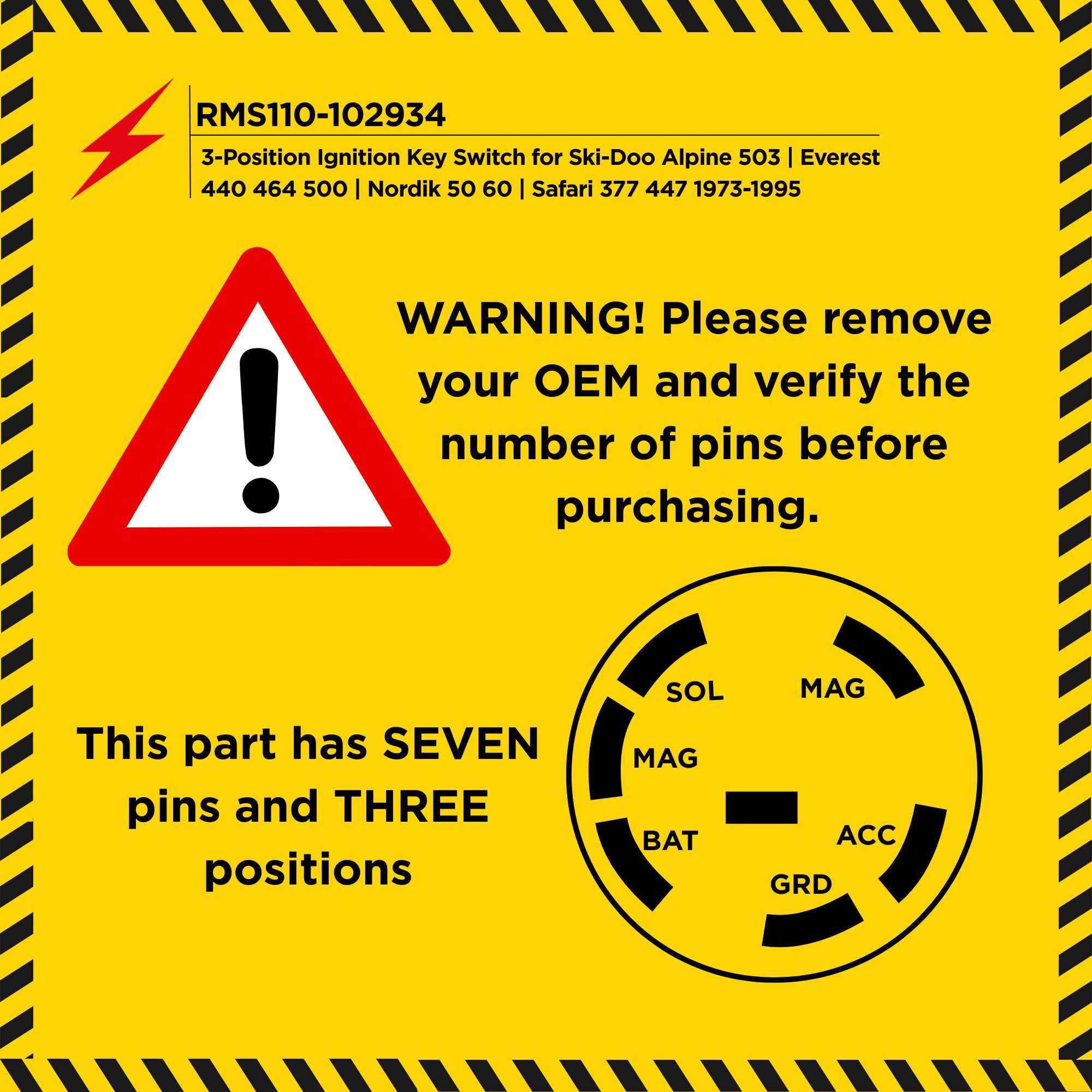 3-Position 7-Pin Ignition Key Switch for Ski-Doo Alpine II 503 1987-1995 | Elite 440 1973-1980 | Citation 250 1984-1991 | 410103100