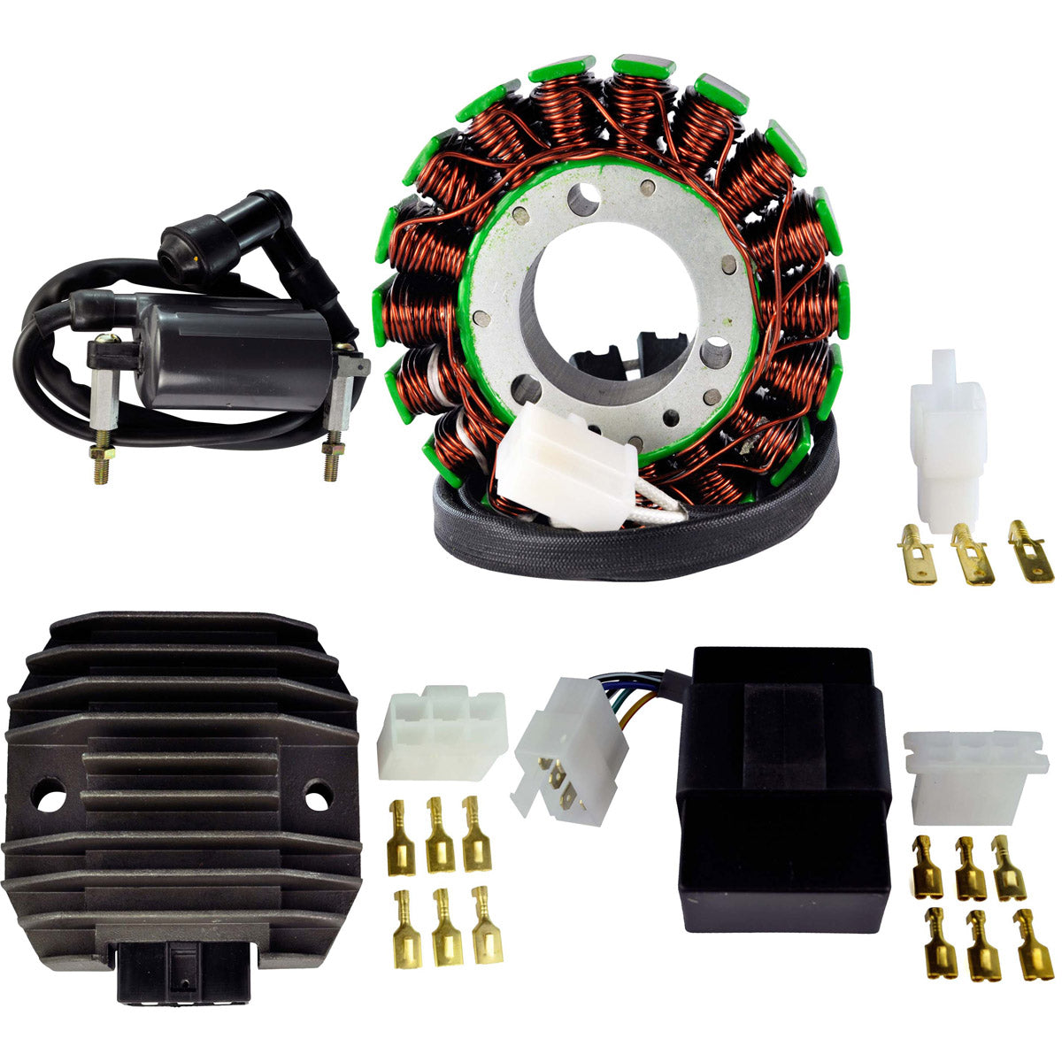 Kit Stator + Voltage Regulator Rectifier + PeakRPM CDI Box + External Ignition Coil for Kawasaki KLF 300 Bayou 1986-1987