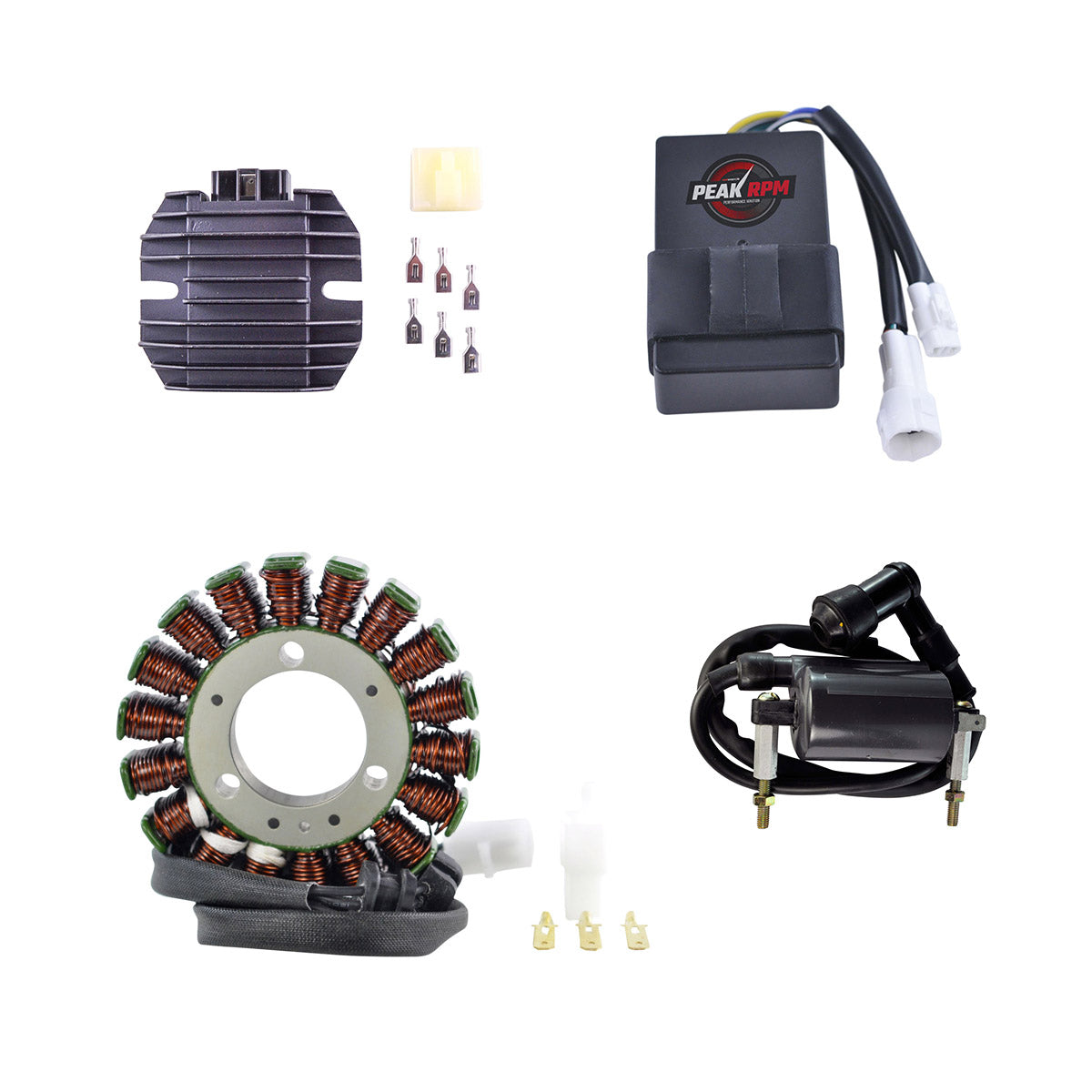 Kit Stator + Voltage Regulator Rectifier + PeakRPM CDI Box + Ext. Ignition Coil for Kawasaki KLF 300 Bayou B 1988-1991