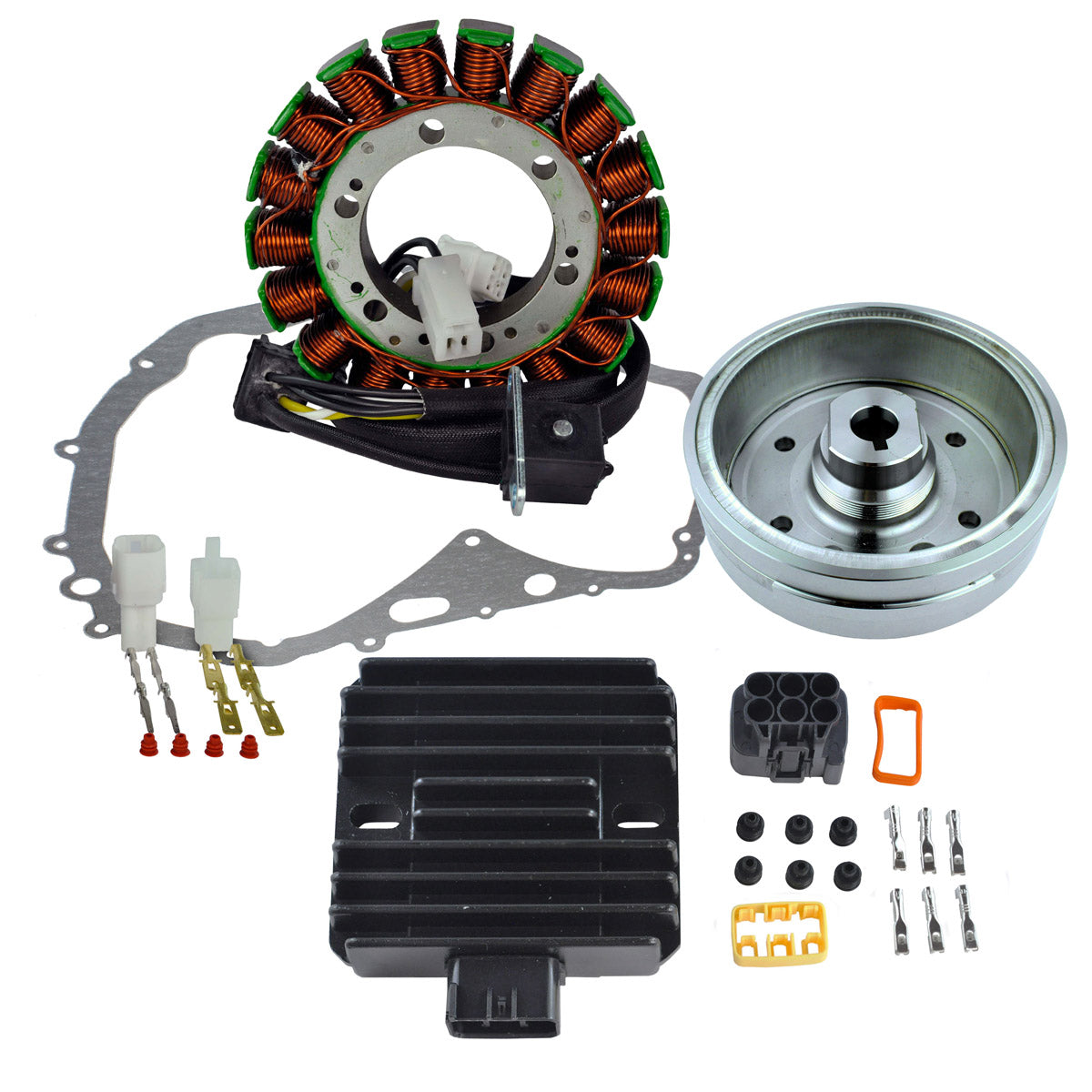 Kit Stator + Improved Magneto Flywheel + Regulator Rectifier + Crankcase Cover Gasket for Suzuki LTF 400 Eiger 2002-2007
