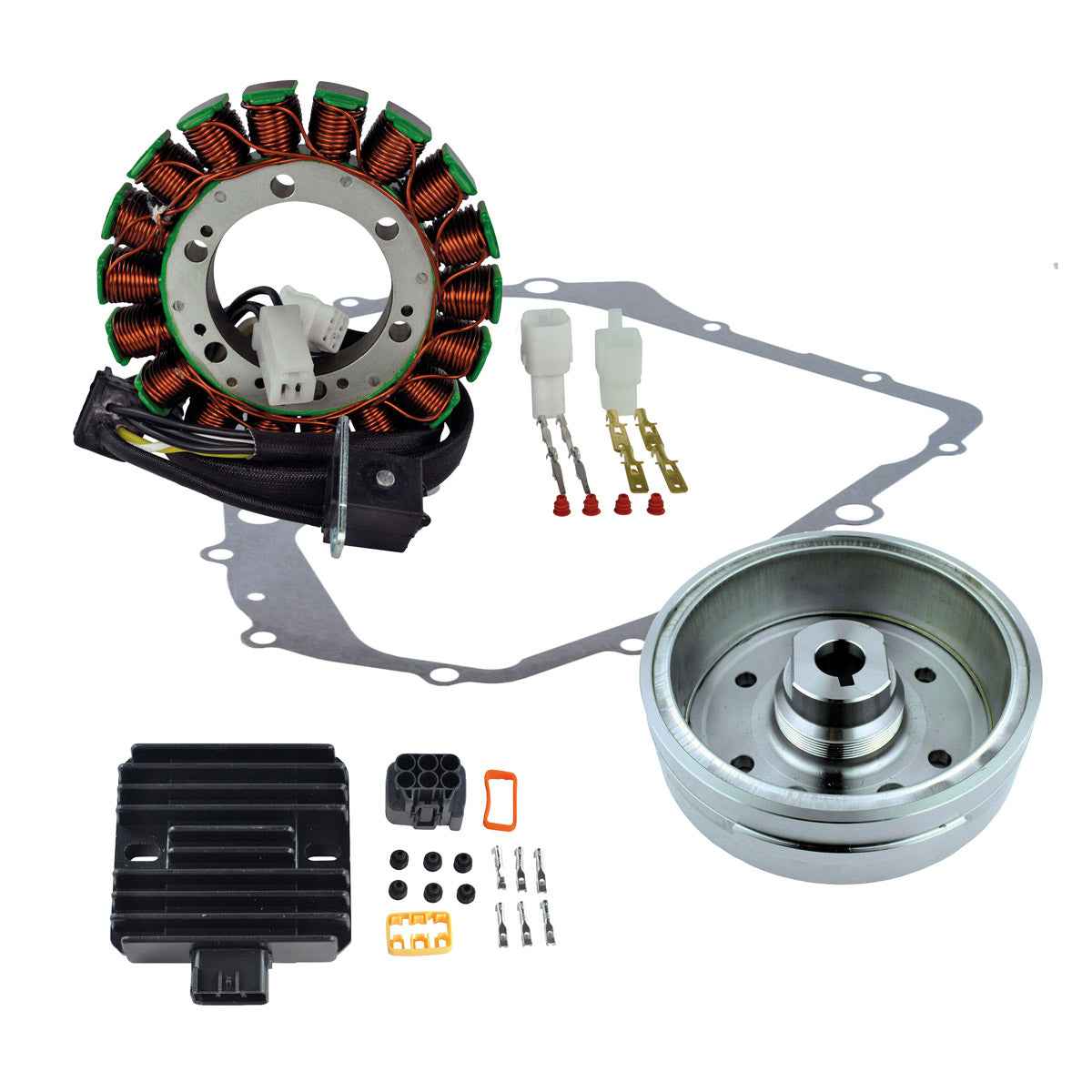 Kit Stator + Improved Magneto Flywheel + Regulator Rectifier + Crankcase Cover Gasket for Suzuki LTA 400 Eiger 2002-2007